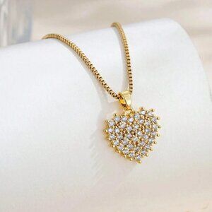 18k Golden Plated Necklace Heart Chain Cubic Zirconia Stainless Steel